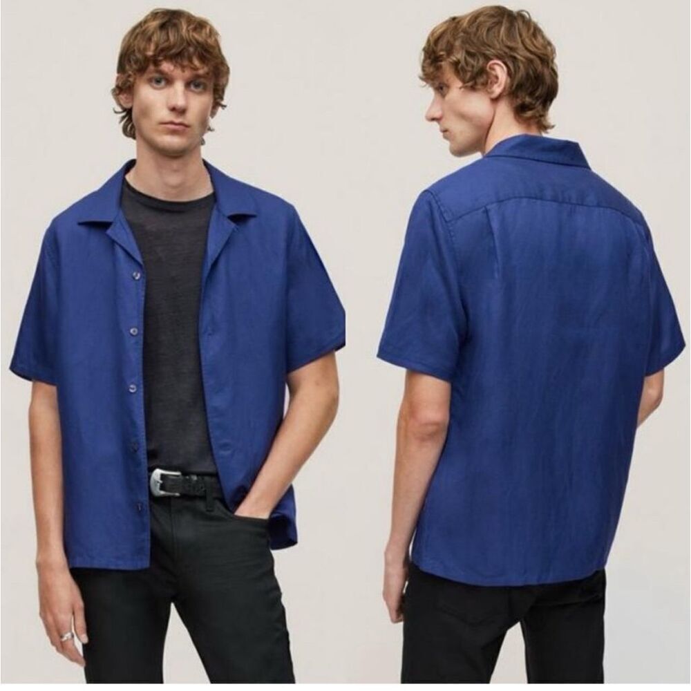 Men's John Varvatos Danny Camp Shirt Blue Casual Button Down Size L